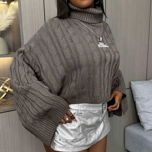 Women's Solid Color Turtleneck Loose Cropped Sweater, Autumn/Winter - Picture 4 of 6